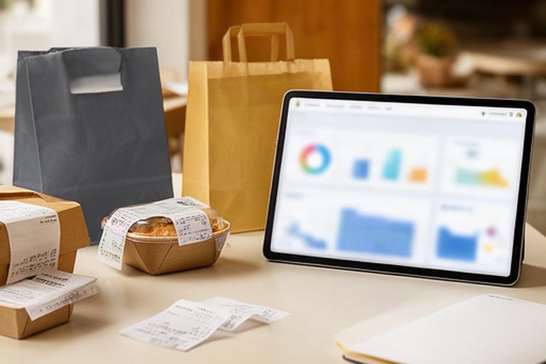 Tableta con gráficos de ventas y reparto junto a pedidos de un restaurante de Sanlúcar