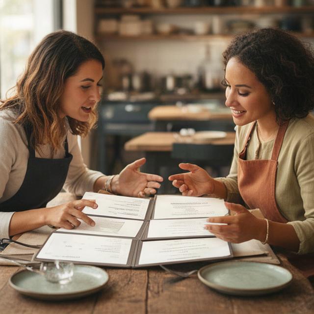 Asesora de hostelería revisando una carta con una dueña de restaurante