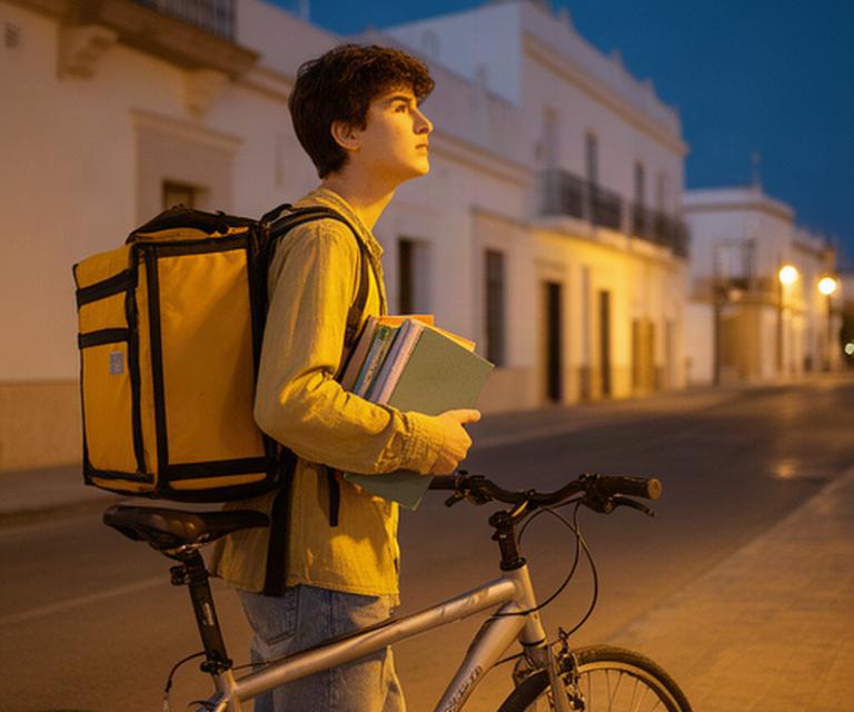Estudiante con mochila de reparto y libros junto a una bicicleta en una calle de Sanlúcar al anochecer