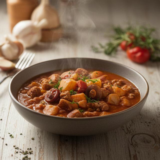 Plato de guiso invernal preparado en una cocina de restaurante de Sanlúcar para reparto a domicilio