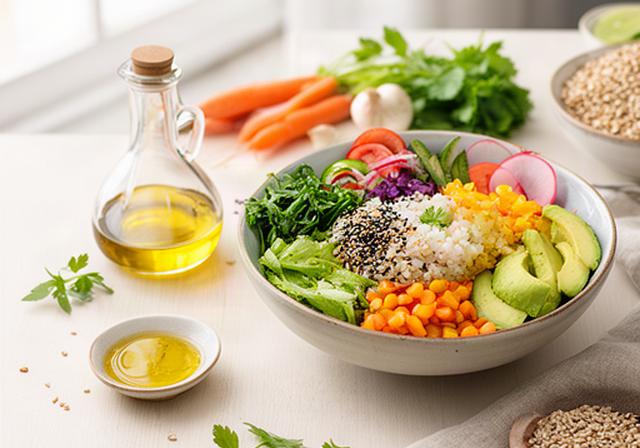 Bowl de poke colorido junto a aceite gourmet y productos saludables en una mesa luminosa