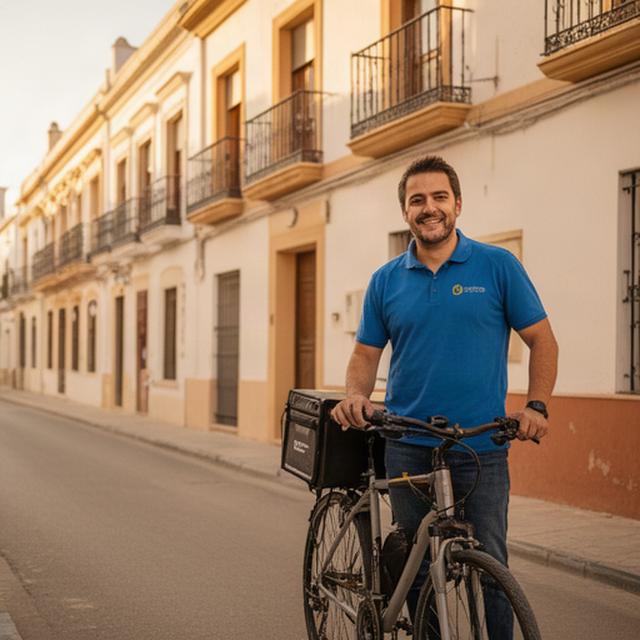 Repartidor sonriente junto a su bicicleta en una calle de Sanlúcar de Barrameda
