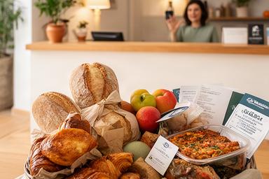 Recepción de hotel boutique en Chipiona con una cesta de comida local preparada para huéspedes