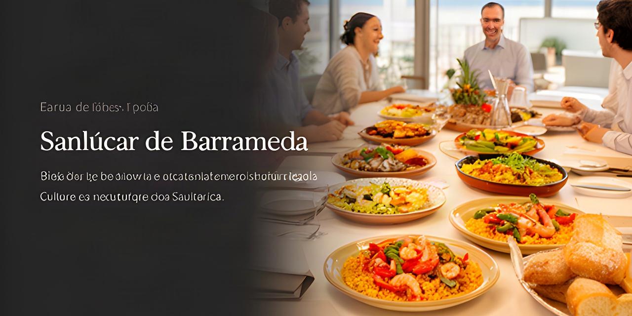 Mesa de reunión en una oficina de Sanlúcar con platos variados de restaurantes locales