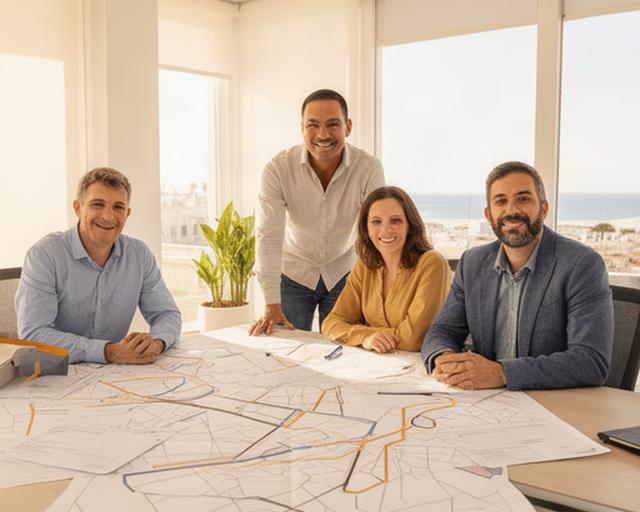 Equipo de consultoría reunido en una oficina luminosa de Sanlúcar de Barrameda junto a mapas de reparto